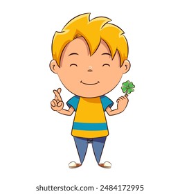Kid holding lucky clover, fingers crossed