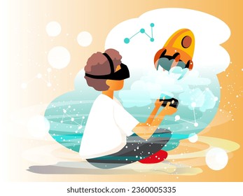 Kid holding mobile and controlling flight of rocket. Boy travelling in virtual reality, exploring nature concept. Flat vector illustration in cartoon style