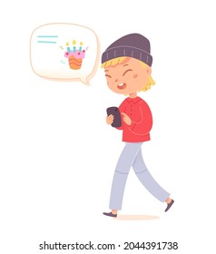 Kid holding mobile phone to receive online birthday message from contact in social media vector illustration. Cartoon happy cute boy character walking with cake in sms chat bubble isolated on white background