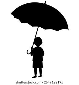 Kid holding an open umbrella. Silhouette of child with parasol. Weather protection symbol. Child protection concept.