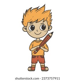 Kid Holding Pencil Doodle Vector Illustration