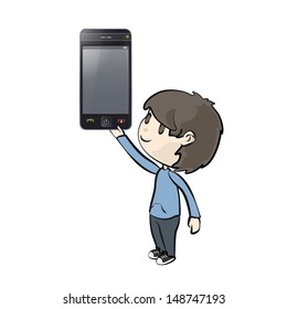 Kid holding a phone. Vector illustration. 