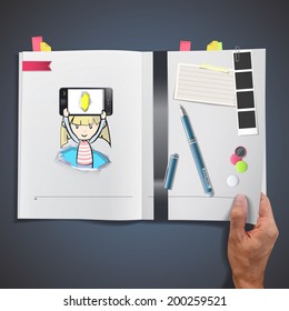 Kid holding Phones printed on book
