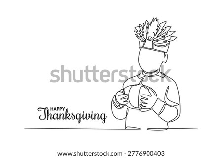 Kid holding pumpkin in paper turkey hat. Thanksgiving concept. Single line draw design. Vector graphic illustration