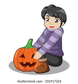 Kid holding Pumpkin in White Background
