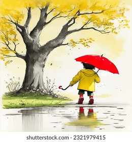 Kid holding a red colour umbrella and playing in water puddles.He is wearing yellow jacket and he is playing under a tree, ink drawing.