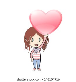 Kid holding a red heart. Vector design. 