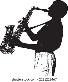 Kid holding saxophone vector and illustration, Artist performer boy child person hold blowing in sax wind musical instrument silhouette