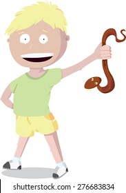 Kid is holding a snake by a tail and is very happy about it, unlike the snake. Boy is wearing a t-shirt and trunks.