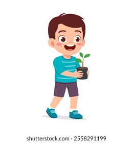 kid holding sprout plant and smile