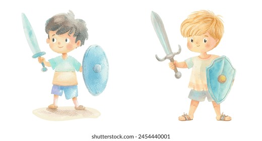 kid holding sword and shield watercolor vector illustration 