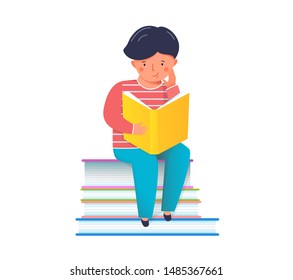 Kid holding textbook flat vector illustration. Happy little boy in casual clothes sitting on books stack cartoon character. Smart schoolboy studying. School education, knowledge gaining process