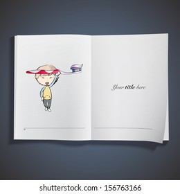 Kid holding a toothbrush with toothpaste printed on book. Vector design
