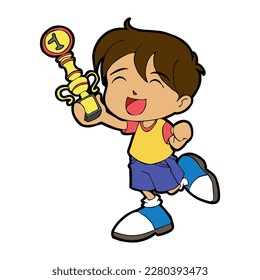 Kid holding trophy cup.Vector image.