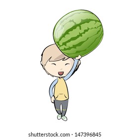Kid holding watermelon. Vector design