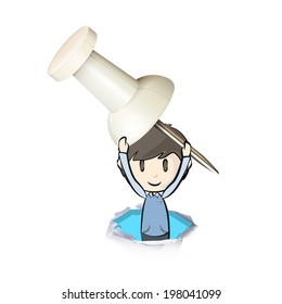Kid holding a white pushpin. Vector design 