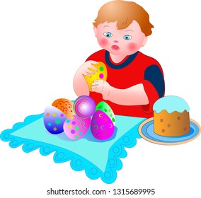 The kid holds an easter egg in his hands. In front of him there are colorful eggs on a napkin. Nearby is an Easter cake. A cute character in a cartoon style.White background.