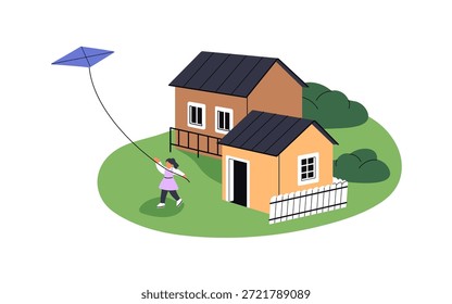 El niño sostiene la cuerda, volando una cometa que se eleva en el cielo en el parque. Linda niña juega al aire libre en verano. Niño feliz se divierte con el juguete en la naturaleza. Ilustración vectorial aislada plana sobre fondo blanco