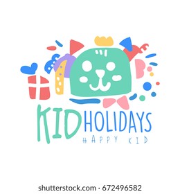 Kid Holidays, happy kid logo template colorful hand drawn vector Illustration