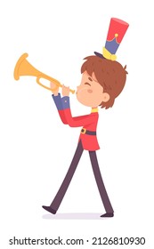 Kid With Horn Playing Loud Fun Music And Marching Vector Illustration. Cartoon Happy Boy Musician Walking With Orchestra, Cute Talent Little Child With Musical Instrument And Uniform Isolated On White