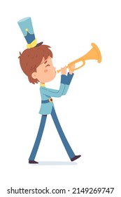 Kid With Horn Playing Loud Fun Music And Marching Vector Illustration. Cartoon Happy Boy Musician Walking With Orchestra, Cute Talent Little Child With Musical Instrument And Uniform Isolated On White