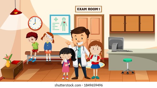 Kid In The Hospital With A Doctor Scene Illustration