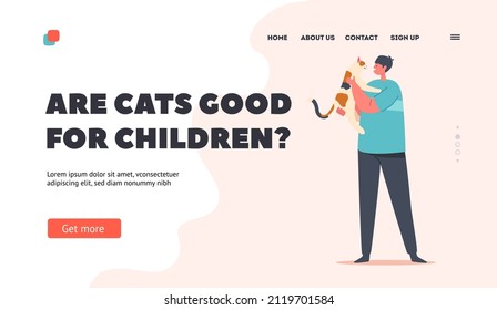 Kid Hug and Cuddle Funny Cat Landing Page Template. Child Character Playing with Pet, Boy Holding Cute Kitten on Hands. Love, Relationship with Animals. Cartoon People Vector Illustration