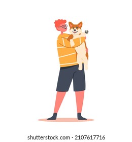 Abrazo infantil y abrazo Perro Korgi gracioso, personaje infantil jugando con mascota, chico sosteniendo pipa en manos aisladas en fondo blanco. Amor, relación con los animales. Ilustración de vectores de personas de caricatura