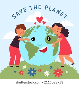 Kid hug planet. Baby hold globe together, cartoon kids with earth concept. Protect environmental and eco green life, children and ecology decent vector scene