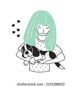 Kid Hugging Beagle Pet. Embracing Cute Child With Best Friend. Pet Family Portrait. Happy Little Puppy Adoption. Dog lovers Illustration. Friendship with Animals. Design For Veterinary and Adoption. 