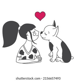 Kid Hugging Chihuahua Pet. Dog lovers Illustration. Happy Little Puppy Adoption. Friendship with Animals. Design For Veterinary Clinic. Embracing Cute Child With Best Friend. Pet Family Portrait.
