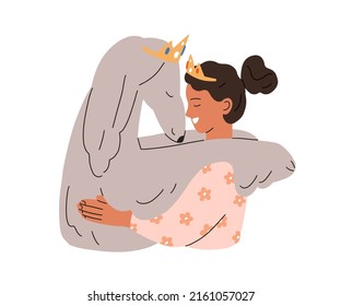 Kid Hugging Dog Of Afghan Hound Breed. Happy Pet Owner Embracing Cute Big Doggy Companion. Friendship, Love Of Girl And Large Canine Animal. Flat Vector Illustration Isolated On White Background