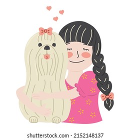Kid Hugging Pet. Bolognese Dog lovers Illustration. Happy Little Puppy Adoption. Friendship with Animals. Design For Veterinary Clinic. Embracing Cute Child With Best Friend. Pet Family Portrait.