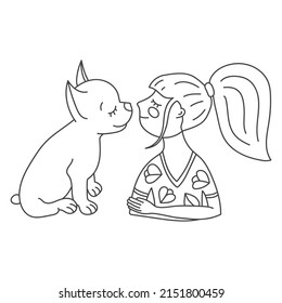 Kid Hugging Pet. Chihuahua lovers Illustration. Happy Little Puppy Adoption. Friendship with Animals. Design For Veterinary Clinic. Embracing Cute Child With Best Friend. Pet Family Portrait.
