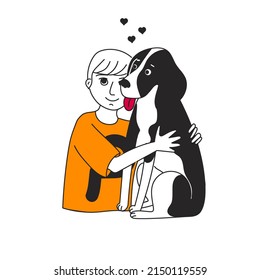 Kid Hugging Pet. Design For Veterinary Clinic and Adoption.  Happy Little Puppy Adoption. Friendship with Animals. Dog lovers Illustration. Embracing Cute Child With Best Friend. Pet Family Portrait.