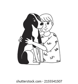 Kid Hugging Pet. Design For Veterinary Clinic and Adoption.  Happy Little Puppy Adoption. Embracing Cute Child With Best Friend. Pet Family Portrait. Dog lovers Illustration. Friendship with Animals.