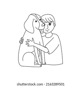 Kid Hugging Pet. Design For Veterinary Clinic and Adoption.  Dog lovers Illustration. Happy Little Puppy Adoption. Friendship with Animals. Embracing Cute Child With Best Friend. Pet Family Portrait.