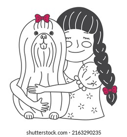 Kid Hugging Pet. Design For Veterinary Clinic and Adoption.  Dog lovers Illustration. Happy Little Puppy Adoption. Friendship with Animals. Embracing Cute Child With Best Friend. Pet Family Portrait.