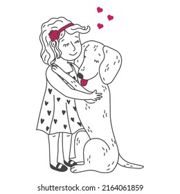 Kid Hugging Pet. Dog lovers Illustration. Embracing Cute Child With Best Friend. Pet Family Portrait. Friendship with Animals. Design For Veterinary Clinic and Adoption.  Happy Little Puppy Adoption.