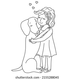 Kid Hugging Pet. Embracing Cute Child With Best Friend. Pet Family Portrait. Happy Little Puppy Adoption. Dog lovers Illustration. Friendship with Animals. Design For Veterinary Clinic and Adoption. 