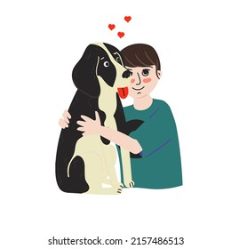 Kid Hugging Pet. Embracing Cute Child With Best Friend. Pet Family Portrait. Happy Little Puppy Adoption. Friendship with Animals. Dog lovers Illustration. Design For Veterinary Clinic and Adoption. 
