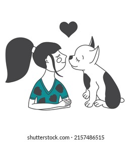 Kid Hugging Pet. Embracing Cute Child With Best Friend. Pet Family Portrait. Happy Little Puppy Adoption. Friendship with Animals. Dog lovers Illustration. Design For Veterinary Clinic and Adoption. 