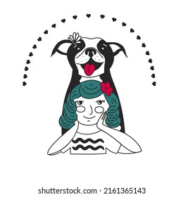 Kid Hugging Pet. Embracing Cute Child With Best Friend. Pet Family Portrait. Design For Veterinary Clinic and Adoption.  Friendship with Animals. Happy Little Puppy Adoption. Dog lovers Illustration.
