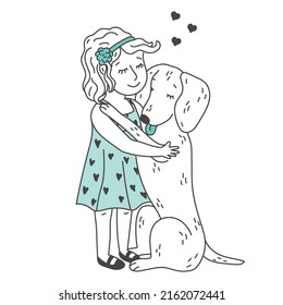 Kid Hugging Pet. Embracing Cute Child With Best Friend. Pet Family Portrait. Dog lovers Illustration. Friendship with Animals. Design For Veterinary Clinic and Adoption.  Happy Little Puppy Adoption.