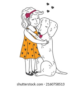 Kid Hugging Pet. Friendship with Animals. Dog lovers Illustration. Design For Veterinary Clinic and Adoption.  Embracing Cute Child With Best Friend. Pet Family Portrait. Happy Little Puppy Adoption.