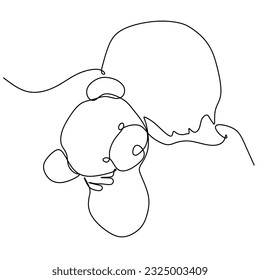 Kid hugging teddy bear. Hand drawn continuous line vector illustration. Outline drawing child and a toy.  National Hug day template for postcard, banner, t shirt printing, package design.
