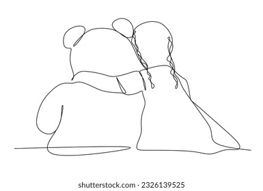 Niño abrazando oso de peluche. Ilustración de vector de línea continua dibujada a mano. Esquema del dibujo secundario y un juguete.  Plantilla del Día Nacional del Abrazo para postales, banner, impresión de camisetas, diseño de paquetes.