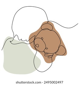 Kid umarmt Teddybär. Handgezeichnete durchgehende Linien-Vektorillustration mit Abstrakten Formen. Umrisszeichnung Kind und Spielzeug. National Hug Day Vorlage für Postkarte, Banner, T-Shirt-Druck.