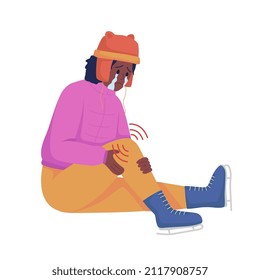 Kid with hurt knee semi flat color vector character. Sitting figure. Full body person on white. Winter accident isolated modern cartoon style illustration for graphic design and animation
