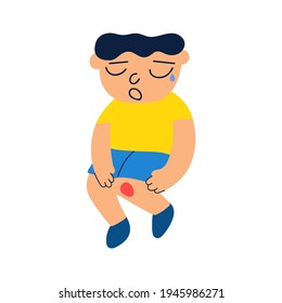 El niño lastimó la rodilla. Ilustración del icono del vector sobre fondo blanco.